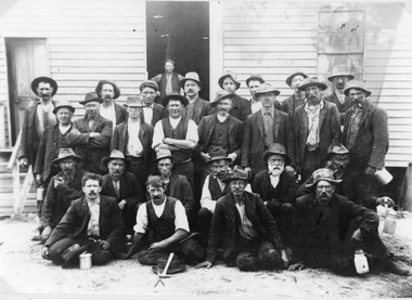 Photograph, Sloane's & Scotchman Mining Co Employees with Mr Joe Litts in the front row with the hammer 1913