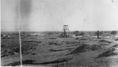 Photograph, Sloane's & Scotchmans Mining Co's Remains of Poppet Head, Chimney & Engine Mounts. 1928