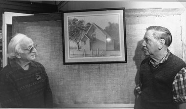 Photograph, Mr John H. Glover's pencil drawing of the Deep Lead School & it's Presentation to the Stawell Historical Society 1993