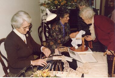 Photograph, Tapestry Lace and Flowers fund raising demonstration by Mrs Laby & friend of Maryborough  Joy Attrill Stawell Historical Society