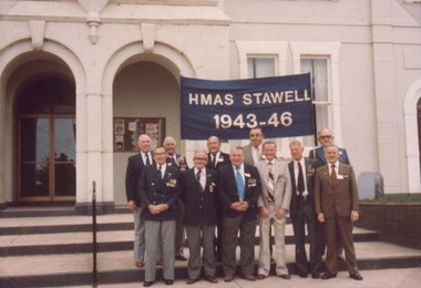 Photograph, H.M.A.S. Stawell Corvette Class -- Naval Celebrations in Canberra with L- R Mr Arthur Dyson, Mr Harry Carbis, Mr John Grant, Mr Ron Robson, Mr Tom McCarthy, Mr Ray Gilbert at the front 1986