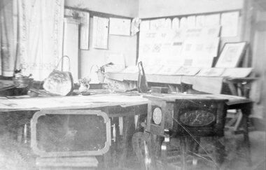 Photograph, Stawell Technical School Woodwork Workshops with examples of mainly artwork made by students 1923-1924