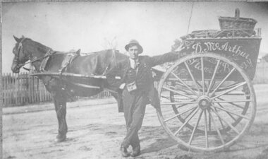 Photograph, Mr James Freeland born 1889 ,second son of Mr Henry (Harry) Freeland -- in front of D McArthur's cart from the Stawell Bakery