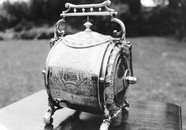 Photograph, Biscuit Barrel Silver Trophy donated by Mr T Kinsella and won by Mr William Lemin