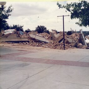 Photograph, Bull & Mouth Hotel in Main Street Stawell when demolished 1985 -- Coloured