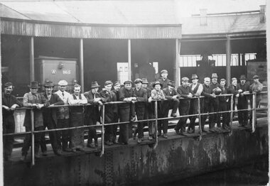 Photograph, Stawell Railway Turntable with named staff at the Locomotive Sheds and Coal Staging before the transfer of many railway men to Ararat