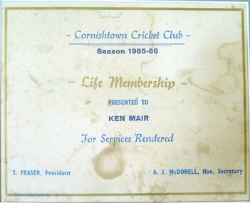 Photograph, Life Membership Certificate for Mr Ken Mair