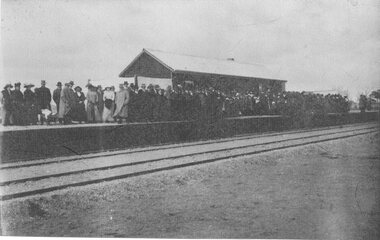 Photograph, Navarre Railway Station with a large group of people in May 1914