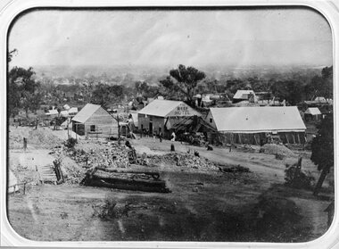 Photograph, The Reefs Hotel Pleasant Creek 1858 - 1861 -- note, no Bullock team as in Rees painting