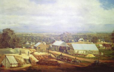 Photograph, Photo of Mr Will Rees's painting of The Reef Hotel Pleasant Creek with a Bullock team in front
