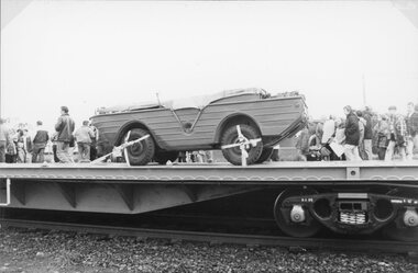Photograph, Anniversary Train Visit to the Stawell Railway Station with a Flat top vehicle carrier carrying an amphibian vehicle 1995