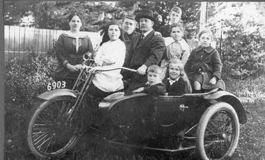 Photograph, Mr W C Barker & family with his Harley Davidson Motorcycle