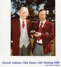 Photograph, Mr Reg Chapman - Stawell Athletic Club Life Member & Presentation of Gold watch by Mr Glynn Cashin 1980