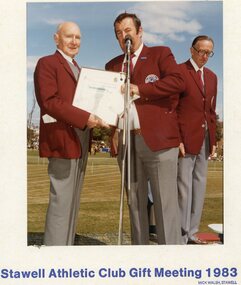 Photograph, Mr Reg Chapman - Stawell Athletic Club Life member with Mr Garry Middleton presenting certificate of appreciation & Mr Hank Neil on right Right 1983