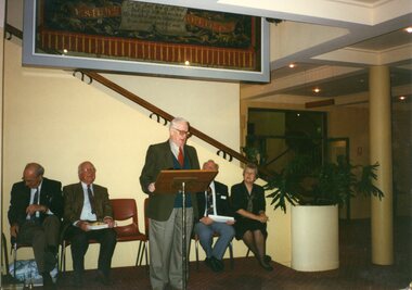 Photograph, Mr Robert Henderson Croll speaking at Town Hall
