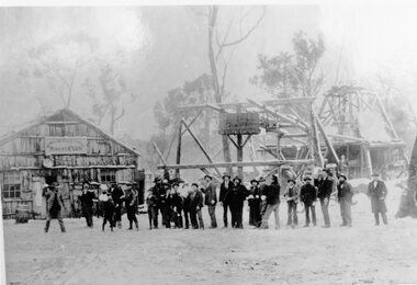 Photograph, Mafeking Goldfield at Mt William with Miners Club, Poppet Heads and winding machinery c1900
