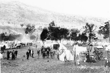Photograph, Mafeking Goldfield at Mt William with Miners and tents c1900