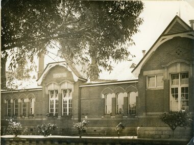 Photograph, Stawell Primary School Number 502 showing the Front of Building with Slate Roof & Rose Bushes