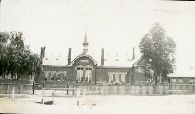 Photograph, Stawell Primary School Number 502 showing the Front of Building, Bell Tower & Large Trees