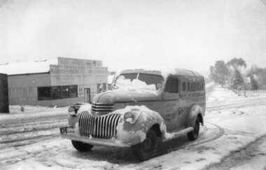Photograph, Mr Cliff Earle's Radio and Electrical Contractor vehicle with snow 1949