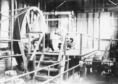 Photograph, Winding gear used to raise and lower the trucks up and down the Wonga open cut
