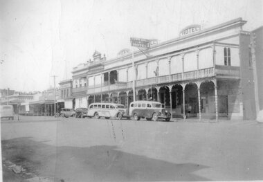 Photograph, Town Hall Hotel with buses parked in front & other Businesses Identified c1930  -- 2 Photos