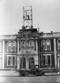Photograph, Stawell Town Hall building clock tower with scaffolding