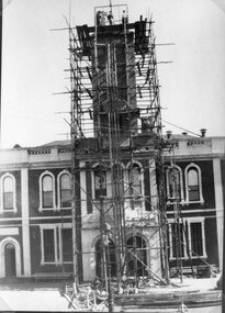 Photograph, Stawell Town Hall building clock tower with scaffolding