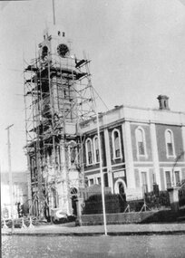 Photograph, Stawell Town Hall building clock tower with scaffolding -- 2 Photos