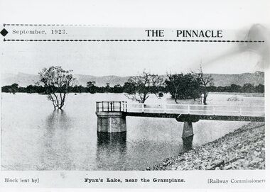 Photograph, Lake Fyans with outlet control Photo in the "The Pinnacle" High School Magazine 1923
