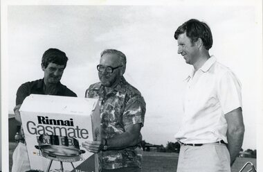 Photograph, Stawell West Primary School Number 4934 -- Mr John van Leeuwen's Retirement Presentation with Mr Jim Cleland, John & Mr Barry Dempster