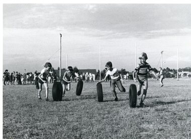 Photograph, Stawell West Primary School Number 4934 -- Mr John Van Leeuwen's Retirement & the "Tyre Rolling" Race