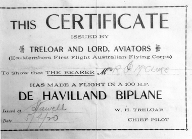 Photograph, Mr Bob McClure's Flight Certificate 1920
