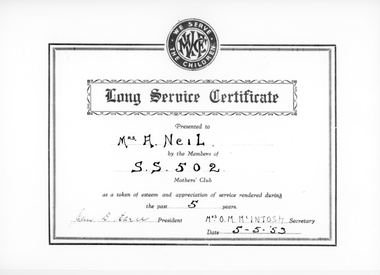 Photograph, Mrs A Neil nee Unknown -- Long Service Certificate from the Stawell State School Number 502 1953
