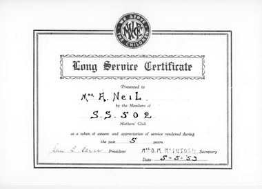 Photograph, Mrs A Neil nee Unknown -- Long Service Certificate from the Stawell State School Number 502 1953