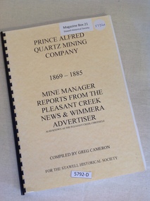 Book, Greg Cameron, Prince Alfred Quartz Mining Company 1869-1885, 2007
