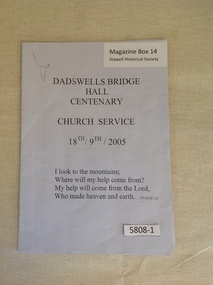 Book, Dadswells Bridge Hall Centenary Church Service 18th/19th/2005, 2005