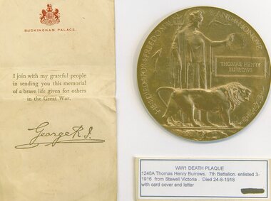 Photograph, Death Plaque "Dead Mans Penny" of Mr Thomas Henry Burrows from Stawell