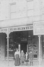 Photograph, Hunts Store in McKellars building -- L to R  Mrs Louisa Frances Hunt nee Cooper, Marjorie Dorrie & William Hunt --1980's