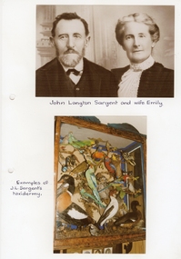 Photograph, Mr John Langton Sargent & Mrs Emily Sargent nee Unknown 1896 & examples of his Taxidermy -- 2 Photos -- 1 Coloured