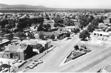 Photograph, Aerial photo of Stawell Lower Main Street looking towards the Grampians 1950's