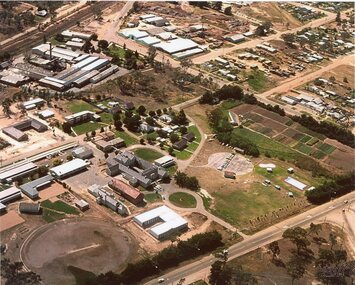 Photograph, Stawell Industrial Area Aerial View with the Woollen Mills, Stawell Timber Industry & Pleasant Creek Hospital