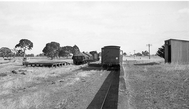 Photograph, T Murray, Joel Railway Station with shed, truck trains and powerlines 1953, 16/12/1953