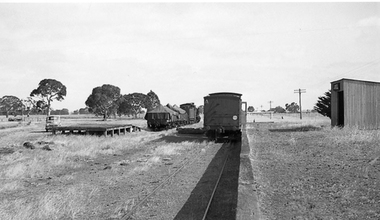 Photograph, T Murray, Joel Railway Station with shed, truck trains and powerlines 1953, 16/12/1953