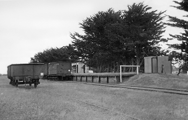 Photograph, T Murray, Crowlands Railway Station with pine trees sheds and train carriage 1953, 16/12/1953