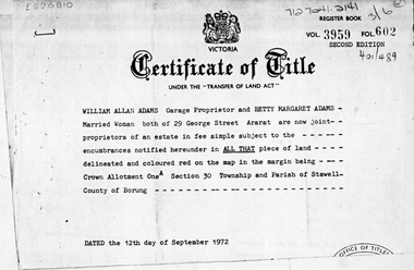Document, Title Documents for property cnr. of Scallan & Wimmera Street