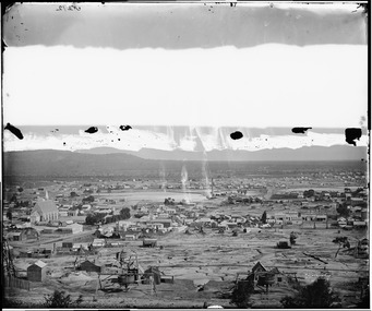 Photograph, View of Stawell from Big Hill  April 1874 showing mines centered on St Georges Crushing Mill -- 5 Photos