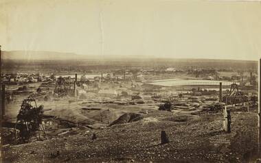 Photograph, View of Stawell from Big Hill 1874 photo showing mining at North end of Stawell -- Looking towards Briggs Bluff -- 2 Photos