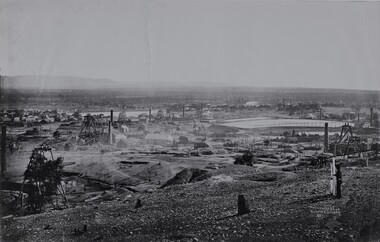 Photograph, View of Stawell from Big Hill 1874 photo showing mines at North end of Stawell -- Looking towards Briggs Bluff -- 2 Photos