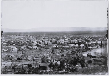 Photograph, View of Stawell from Big Hill April 1874 showing mines centered on north end of Main Street -- 2 Photos